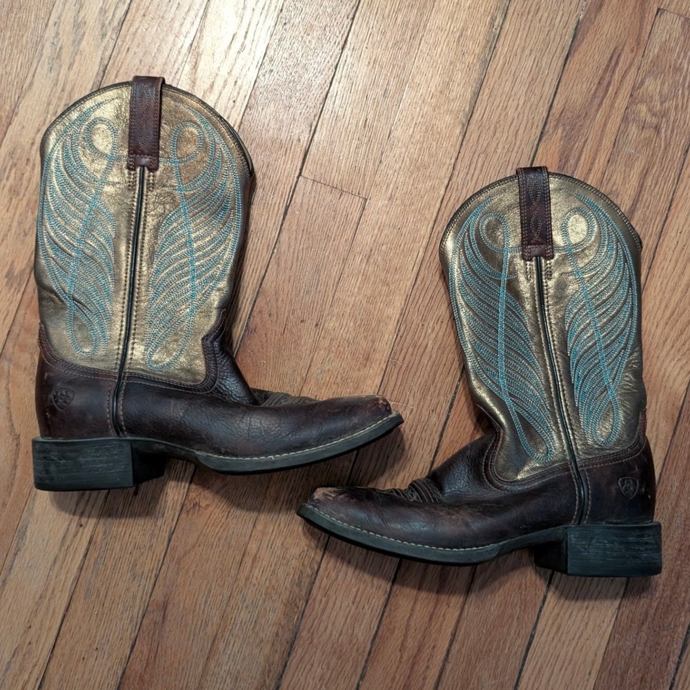 Ariat Womens Brown Leather Gold Turquoise Embroidered Western Boots Size 7 B